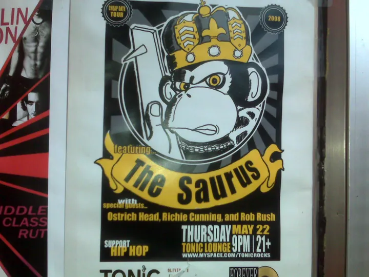 Flyer for The Saurus w/ Ostrich Head, Richie Cunning & Rob Rush