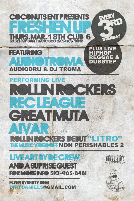 Flyer for Rec-League @ The Freshen Up w/ Rollin' Rockers & The Great Muta