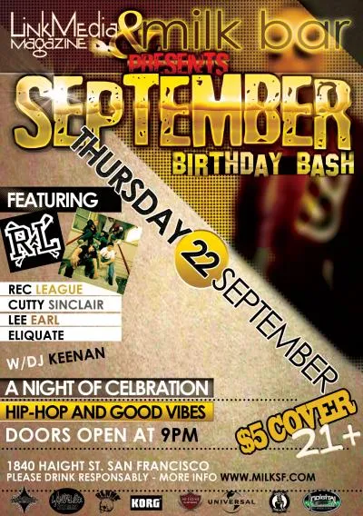 Flyer for Rec League, Cutty Sinclair, Lee Earl & Eliquate at Milk Bar SF