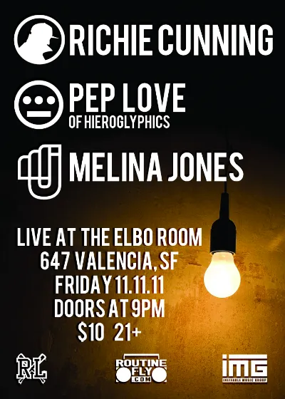 Flyer for Richie Cunning, Pep Love and Melina Jones @ The Elbo Room