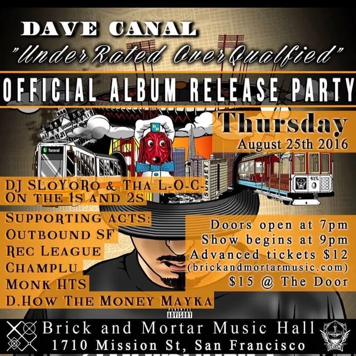 Flyer for Dave Canal's UnderRated Over Qualified Album release party ft Rec League
